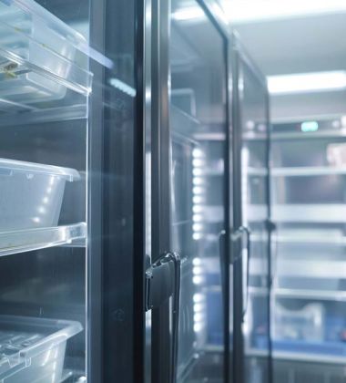 A refrigerator filled with various plastic containers organized neatly on its shelves.