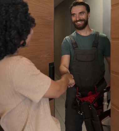 A man and woman shaking hands in a well-lit hallway, symbolizing a professional agreement or greeting.