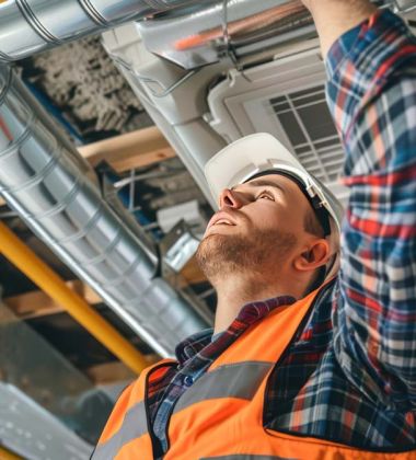 A man in an orange vest stands inspecting an air conditioner, showcasing his role in HVAC installation or service.